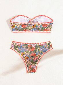 SHEIN Swim Summer Women's Tropical Plant Print Bandeau Bikini Set, 2pcs - Multicolor - View 6