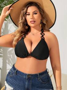 Swim Vcay Plus Size Summer Beach Solid Color Ring Detail Halter Neck Bikini Top - Black - View 6