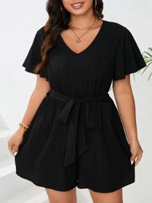 SHEIN Clasi Mono Con Cinturón De Cintura Con Cuello En V En Color Sólido, Talla Grande - Negro - Ver 1