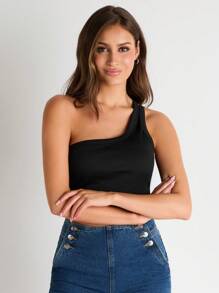 SHEIN BASICS 女士單肩/雙肩帶上衣 - 黑色 - 查看 1