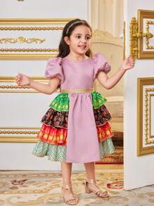 SHEIN Young Girl Round Neck Bubble Sleeve Ethic Style Printed Layered Ruffle Patchwork Dress - Pink - View 5