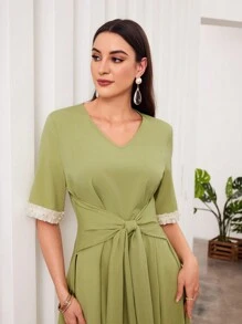 Modelyn Women's Solid Color Plain & Simple Pearl Decorated Cuff Long Dress - Green - View 5