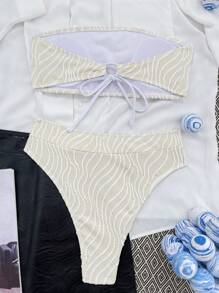 SHEIN Swim Bộ bikini sọc Bandeau gợi cảm cho nữ mùa hè 2025 - Màu be - Xem 4