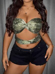 Allurite Plus Size Women's Stylish Ink Print Bandeau Top - Green - View 5