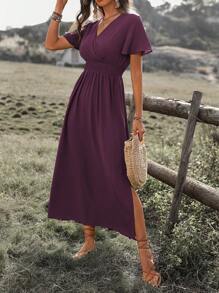 EMERY ROSE Vestido largo de mujer monocromático con cintura fruncida y abertura lateral