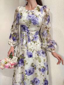 Modelyn Women's Floral Print Lantern Sleeve Dress With Round Neckline - Purple - View 6