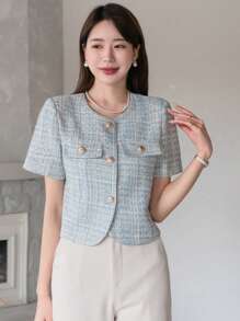DAZY Plaid Pattern, Round Neck, Metal Button, Loose Fit, Short Jacket Summer