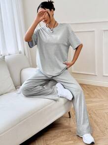 SHEIN EZwear 女士純色圓領落肩袖t恤和褲子休閒舒適套裝 - 淺灰色 - 查看 4