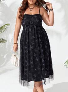 Celure Plus Size Butterfly Printed Mesh Splice Cami Dress
