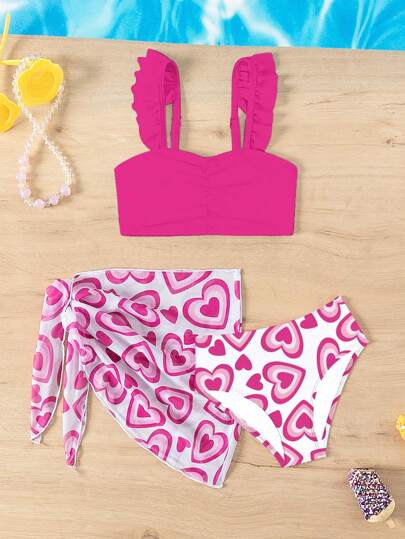 SHEIN Tween Girls' Solid Color Ruffle Bra & Heart Printed Bottom Bikini Set, Bathing Suit Beach Outfit Summer Vacation