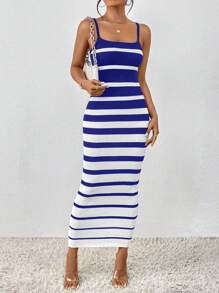 SHEIN LUNE Women's Striped Knitted Spaghetti Strap Sweater Dress - Blue - View 1