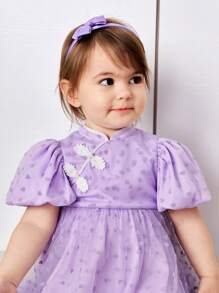 SHEIN 寶寶女孩可愛氣泡短袖圓點網紗立領漢服裝