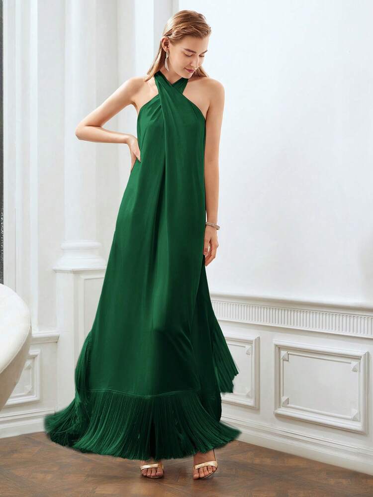 SOLID FRINGE HEM CRISSCROSS HALTER DRESS