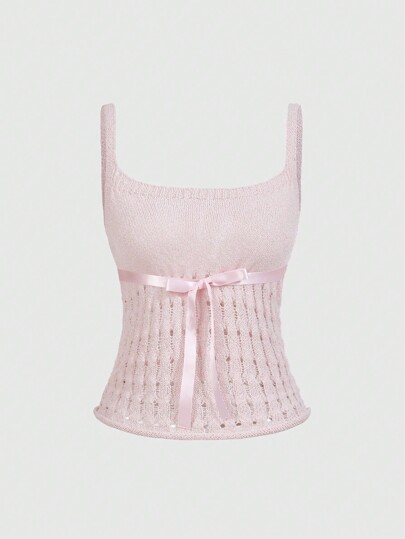 Kawaii Top de punto dulce para mujer con tirantes casuales y decoración de lazo