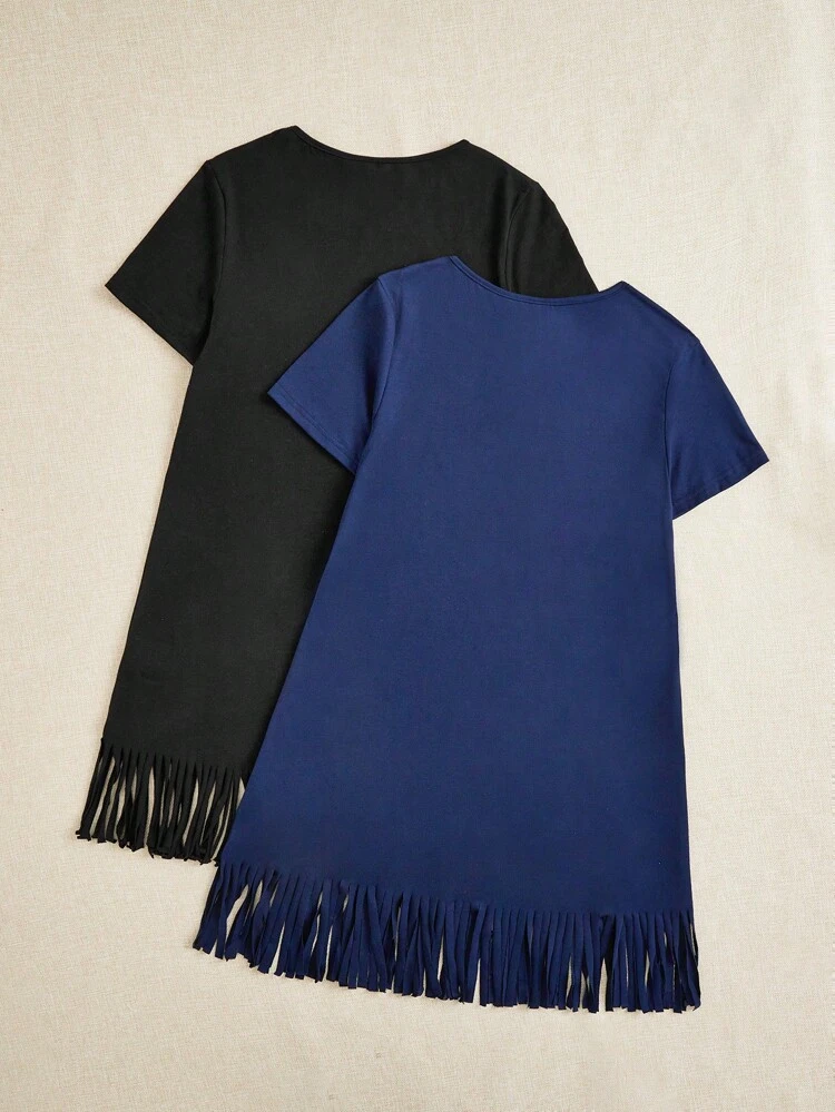 2pcs/Set Ladies' Solid Color Simple Style Short Dress With Fringe Hem Design