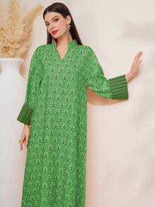 Al Najma 女士綠色印花長袍寬鬆阿拉伯長袍 - 綠色 - 查看 5