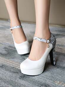 Giày Cao Gót Nữ, Khóa Một Nút Màu Sắc Gợi Cảm, Mặt Dây Kim Loại, Giày Đế Chống Thấm Nước - trắng - Xem 1