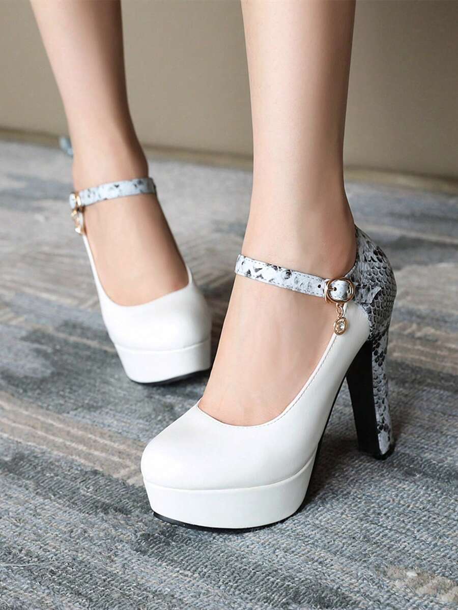 Giày Cao Gót Nữ, Khóa Một Nút Màu Sắc Gợi Cảm, Mặt Dây Kim Loại, Giày Đế Chống Thấm Nước - trắng - Xem 1