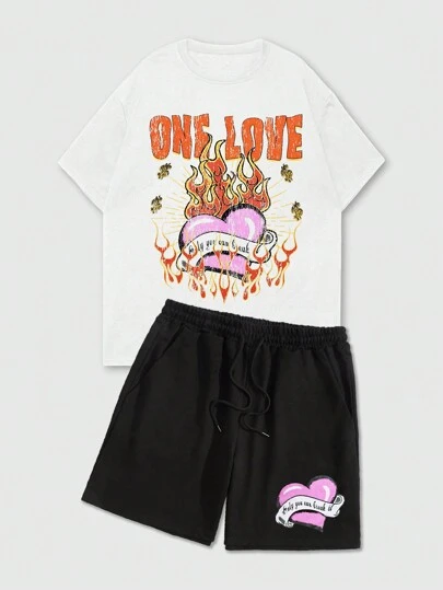 Studio Chunk Artist 2pcs/Set Men's Letter & Heart Graphic Printed Round Neck Short Sleeve T-Shirt And Shorts, Clothes For Summer, Holiday, Vacation, Spring, Festival, Ibiza Fits
