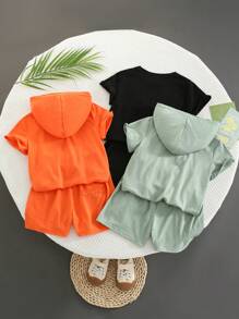 SHEIN 6pcs/Set Young Boy Casual College Styled Comfortable, Fashionable, Simple, Versatile, Soft, Breathable And Practical Decorative Embroidery Short Sleeve Hoodie And Shorts, Plus Breathable And Comfortable Short Sleeve Round Neck T-Shirt And Shorts, Suitable For Spring And Summer