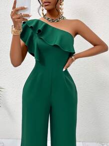 Zolique One Shoulder Ruffle Sleeve  Detail Wide Leg