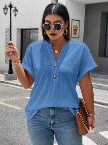 SHEIN LUNE 大碼女性v領蝙蝠短袖t恤,帶剪裁細節 - 淺藍色 - 查看 3