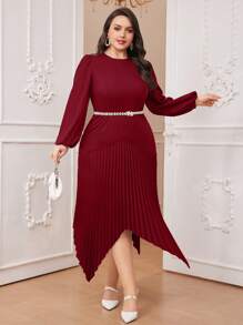 Modelyn Burgundy Red Plus Size Solid Color Lantern Sleeve Pleated Hanky Hem Dress