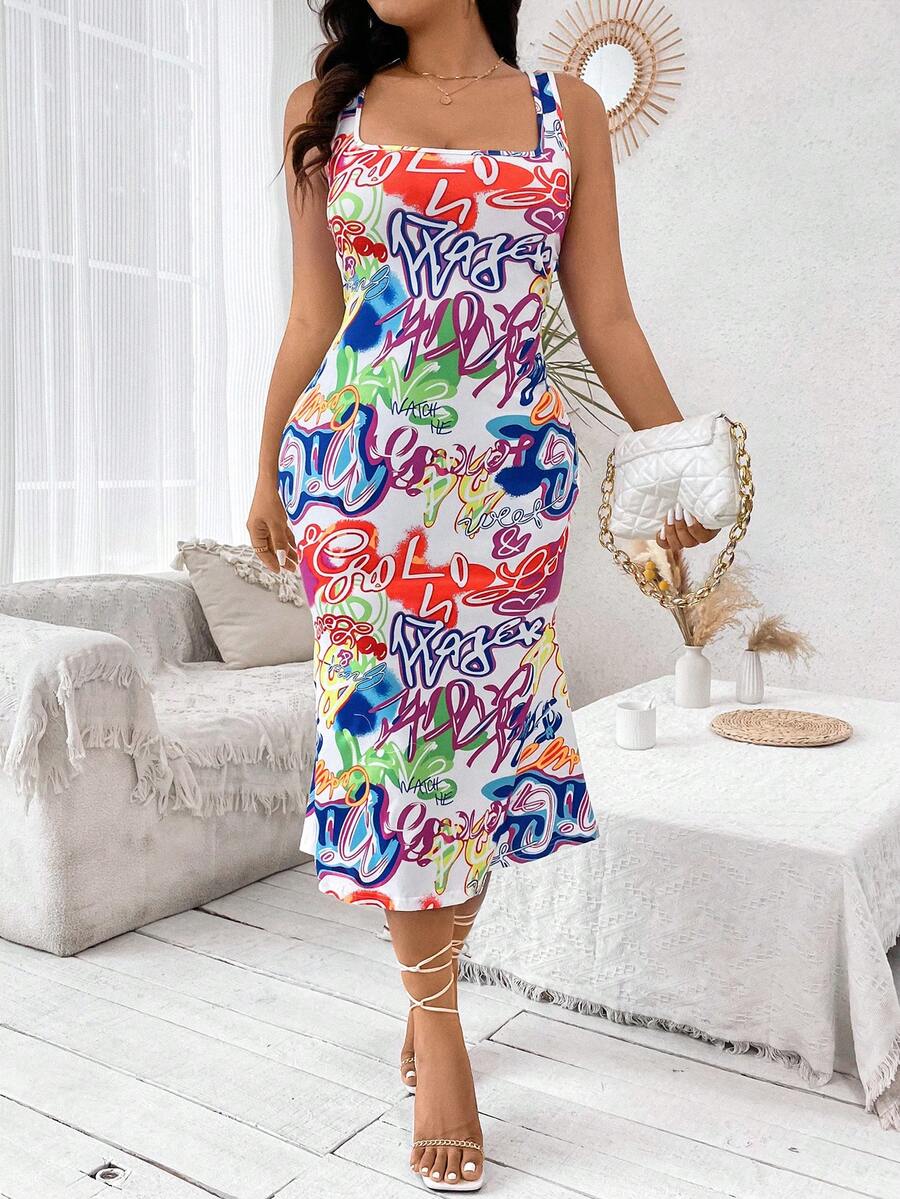 Calvaya 大尺碼方領塗鴉印花時尚連衣裙 - 粉色 - 查看 1