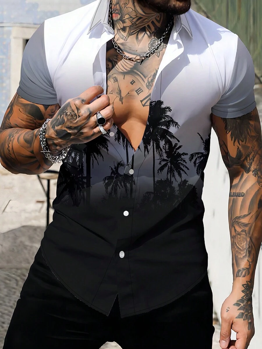 Nam Biến đổi dần In cây dừa Ngắn tay Áo sơ mi - màu đen - Xem 1
