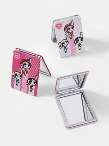 THE POWERPUFF GIRLS X SHEIN 卡通印花便携式折叠镜，花朵，泡泡，毛茛 - 淺粉色 - 查看 2