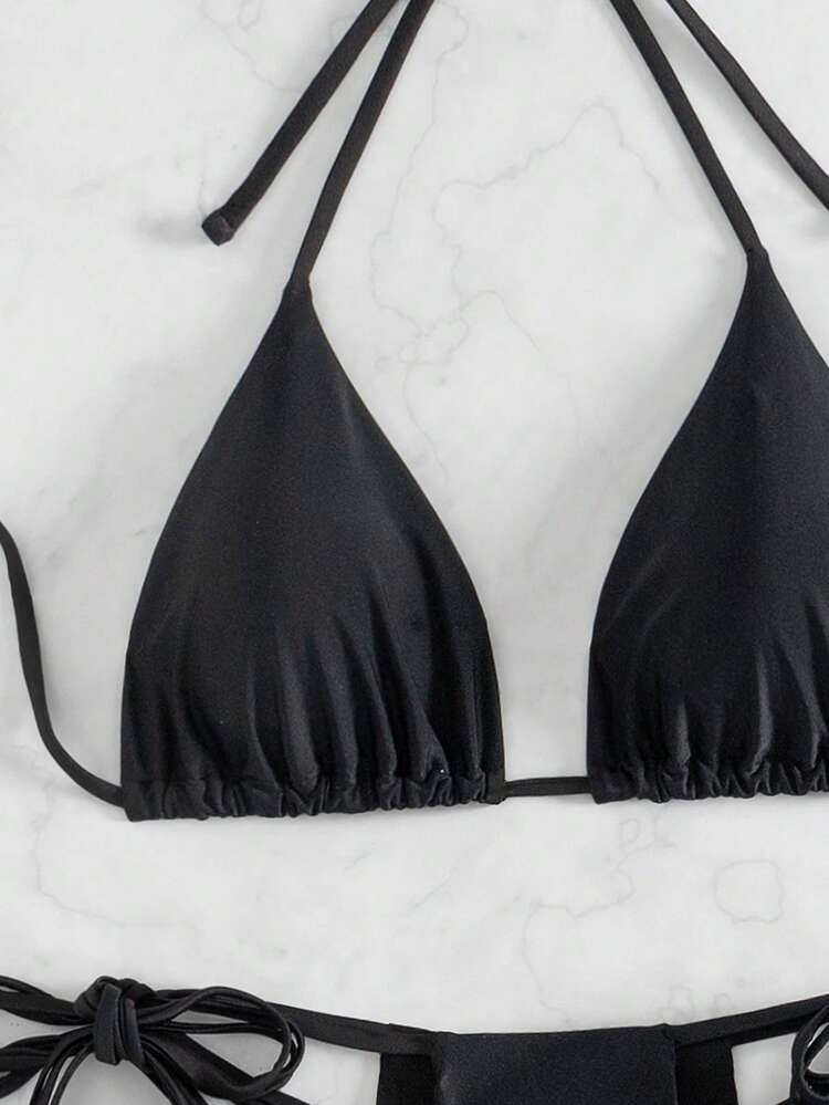 Summer Women's Solid Color Side Tie Halter Neck Bikini Set