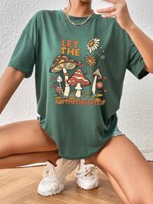 INAWLY Mushroom Letter Print Oversized Short Sleeve T-Shirt, Unisex - Dark Green - View 4