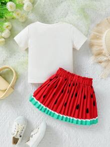 SHEIN Bộ váy in hình dưa hấu giản dị và thoải mái cho bé gái có diềm xếp, hoàn hảo để mặc hàng ngày, xuân hè - Đỏ - Xem 2