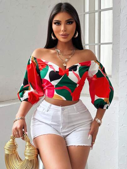 SOLERSUN Blusa corta con estampado floral, hombros descubiertos y mangas abullonadas para ropa de Año Nuevo, tops de manga corta