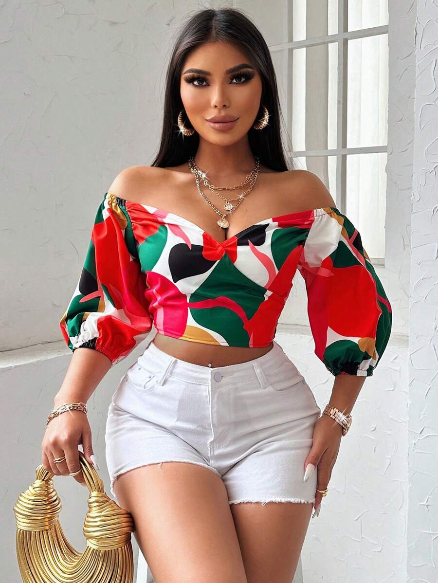 SOLERSUN Floral Print Off-The-Shoulder Puff Sleeve Cropped Blouse For New Year Clothes,Short Sleeve Tops - Red - View 1