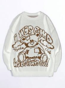 SHEIN Unity 鬆身泰迪熊標語提花下肩毛衣 - 米色 - 查看 1