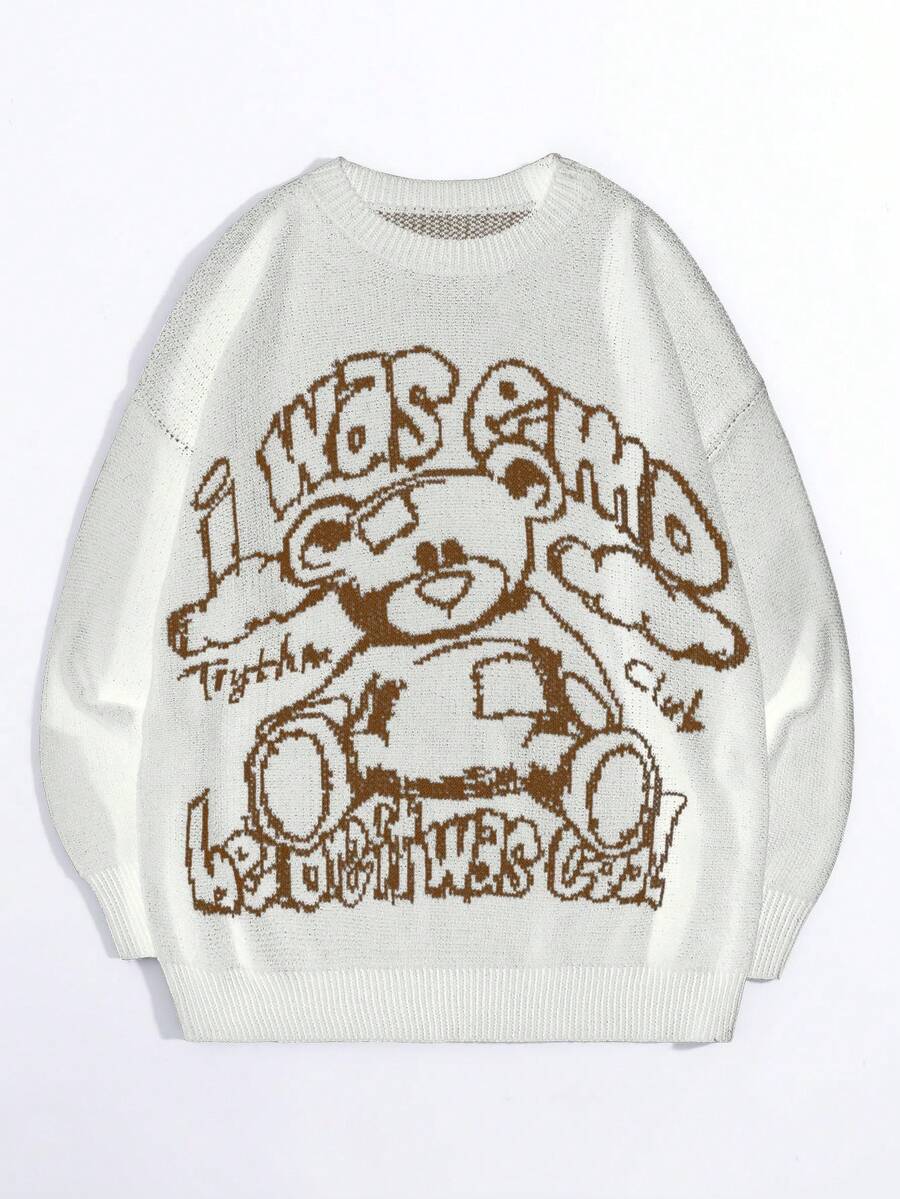 SHEIN Unity 鬆身泰迪熊標語提花下肩毛衣 - 米色 - 查看 1