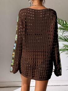 SHEIN Swim Solid Color Floral Print Round Neck Dress Cover Up Summer - Coffee Brown - View 2
