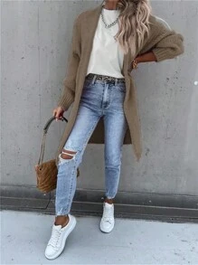 Chiquease Màu thuần Lỏng lẻo phù hợp Khăn quàng Áo len Mở Với Đôi vai - Màu nâu  Mocha - Xem 5