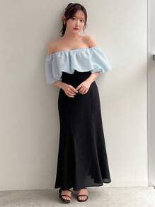 FRIFUL Women's Colorblock Off Shoulder Midi Dress,Ruffle