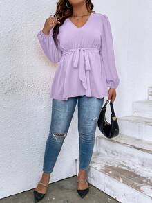 SHEIN Franclia Kích thước lớn Màu thuần Cổ chữ V Tay áo lồng đèn Giải trí Áo sơ mi - Màu tím - Xem 5