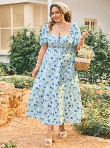 Dreamara Plus Size Women's Side Slit Short Bubble Sleeve Dress With All-Over Floral Print - Blue - View 5