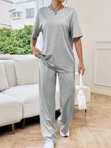 SHEIN EZwear 女士純色圓領落肩袖t恤和褲子休閒舒適套裝 - 淺灰色 - 查看 3
