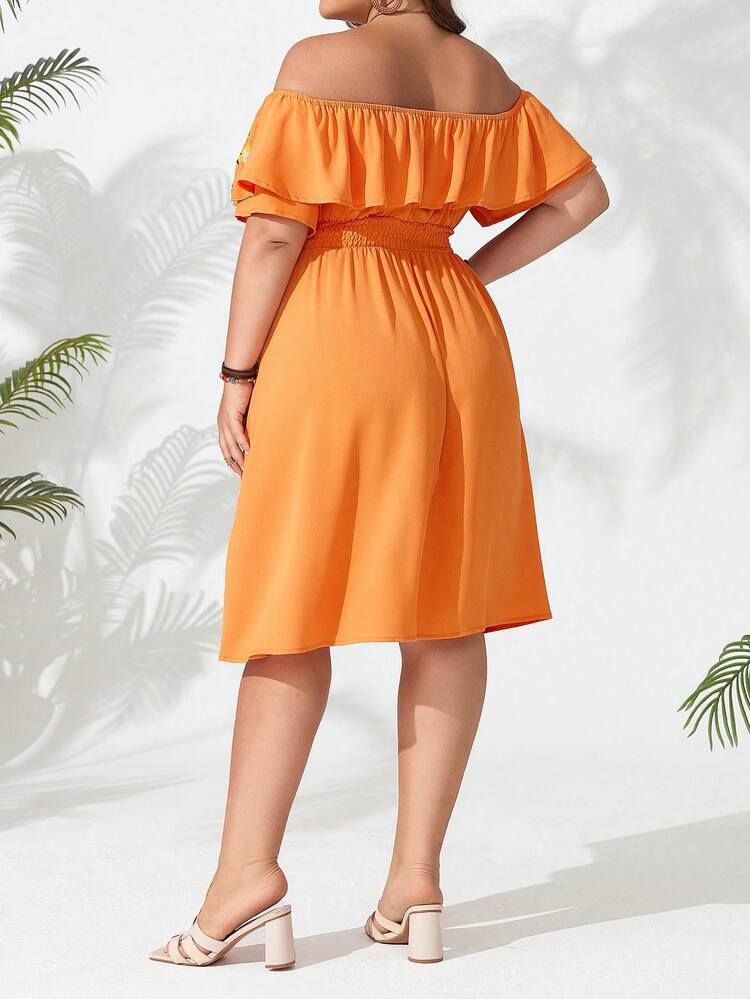 Plus Size Embroidered Off Shoulder Waist Cinched Dress