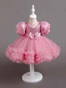 SHEIN Glamorique Kids Baby Girl Mesh Sequined Birthday Party Casual Princess Dress For Gathering
