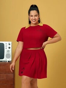 HARRY POTTER X SHEIN Plus Letter Graphic Contrast Collar Tee & Fold Pleated Skirt - Red - View 6