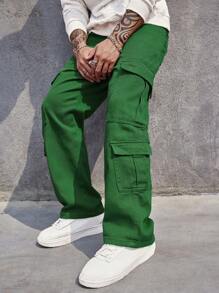 Manfinity 男士有蓋口袋側工裝寬鬆牛仔褲 - 綠色 - 查看 1