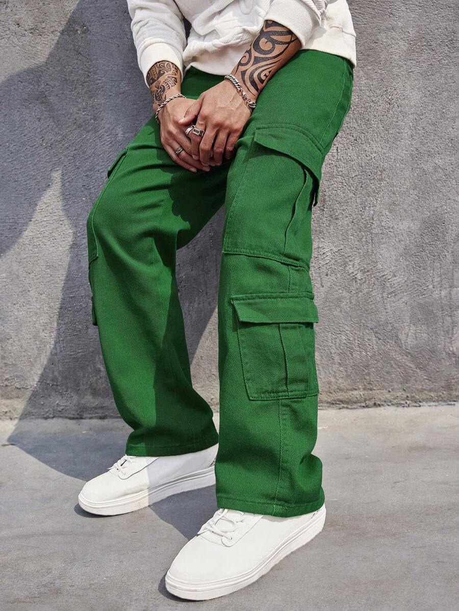 Manfinity 男士有蓋口袋側工裝寬鬆牛仔褲 - 綠色 - 查看 1