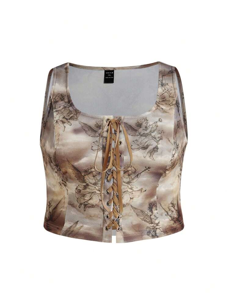 Artist Plus Size Crop Tank Top Featuring Angel Print, For Summer, Holiday, Vacation, Spring, Beach, Going Out, Festival, Ibiza Fits