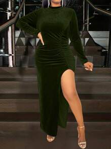 Allurite Plus Size Women's Stand Collar Pleated Long Sleeve Side Slit Dress - Green - View 4